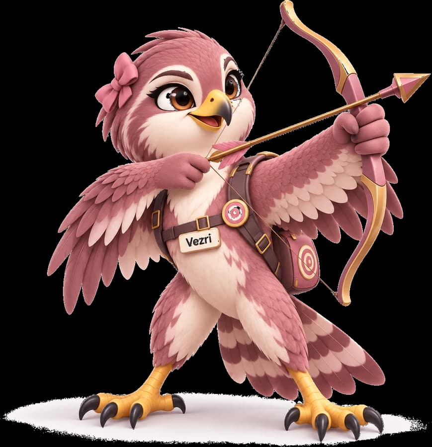 Vezri, the Vezriqen AI™ falcon archer, drawing a bow at a target