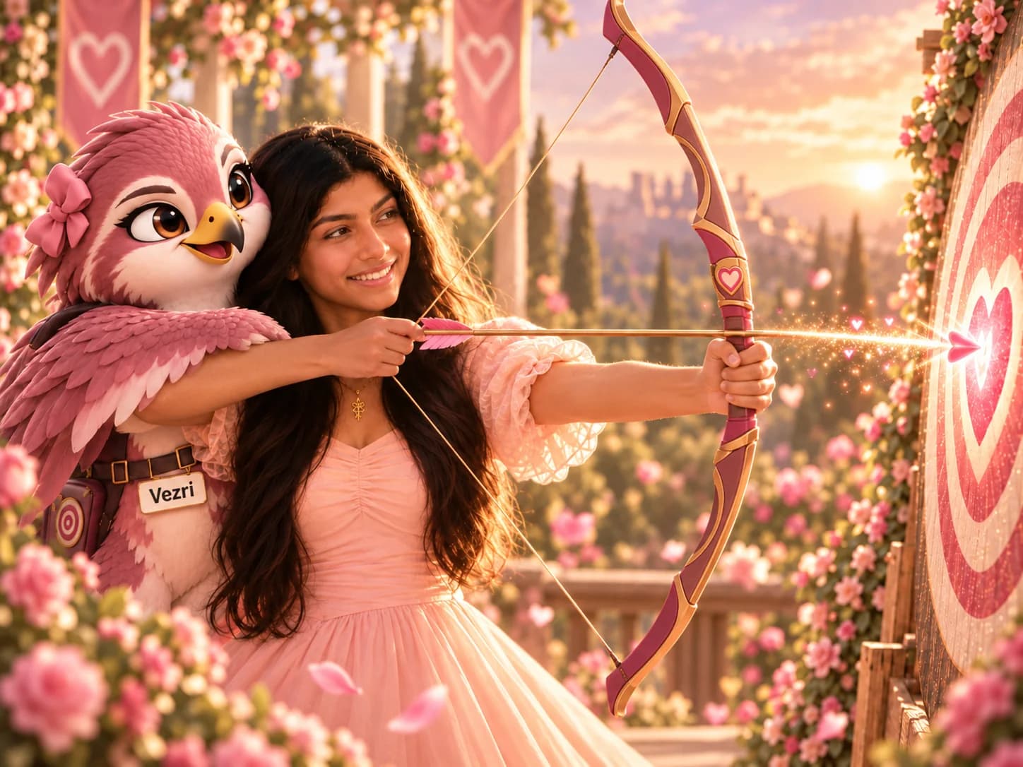 Nikita Tejwani drawing a bow toward a target in a sunlit rose garden, with Vezri, the Vezriqen AI™ falcon, at her shoulder