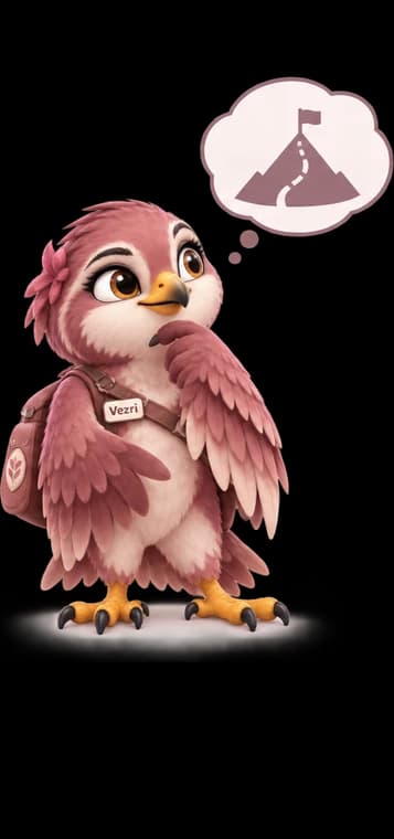 Vezri, the Vezriqen AI™ falcon: a dusty-rose bird with a flower tucked behind her ear and a small satchel over one wing, one claw at her chin, working out a winding route up to the flag at the summit